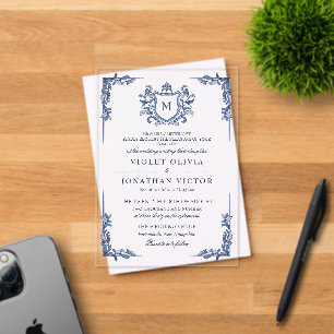 Blue Vintage Crest Monogram Wedding Acrylic Invitations