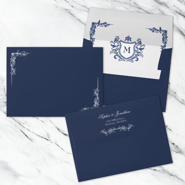 Blue Vintage Crest Monogram Wedding Envelope (Creator Uploaded)