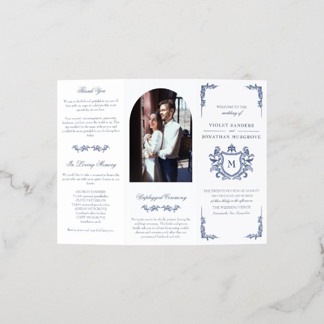 Blue Vintage Crest Monogram Wedding Program Brochure (Outside)