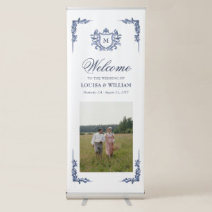 Blue Vintage Crest Monogram Wedding Welcome Retractable Banner
