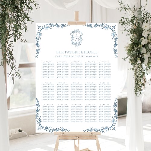 Blue Vintage Crest Wedding 15 Table Seating Chart