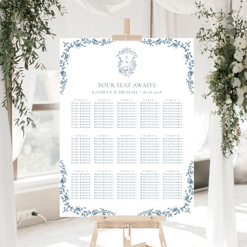 Blue Vintage Crest Wedding 15 Table Seating Chart