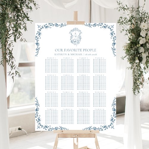 Blue Vintage Crest Wedding 16 Table Seating Chart