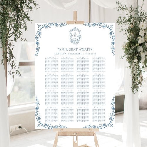 Blue Vintage Crest Wedding 16 Table Seating Chart