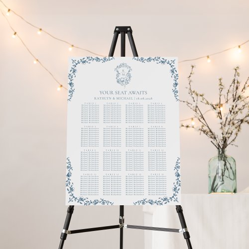 Blue Vintage Crest Wedding 16 Table Seating Chart Foam Board
