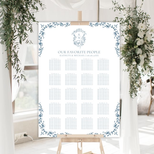 Blue Vintage Crest Wedding 20 Table Seating Poster (Creator Uploaded)