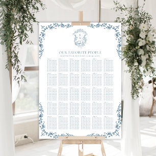 Blue Vintage Crest Wedding 30 Table Seating Poster