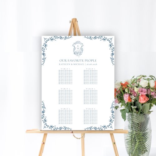 Blue Vintage Crest Wedding 9 Table Seating Chart