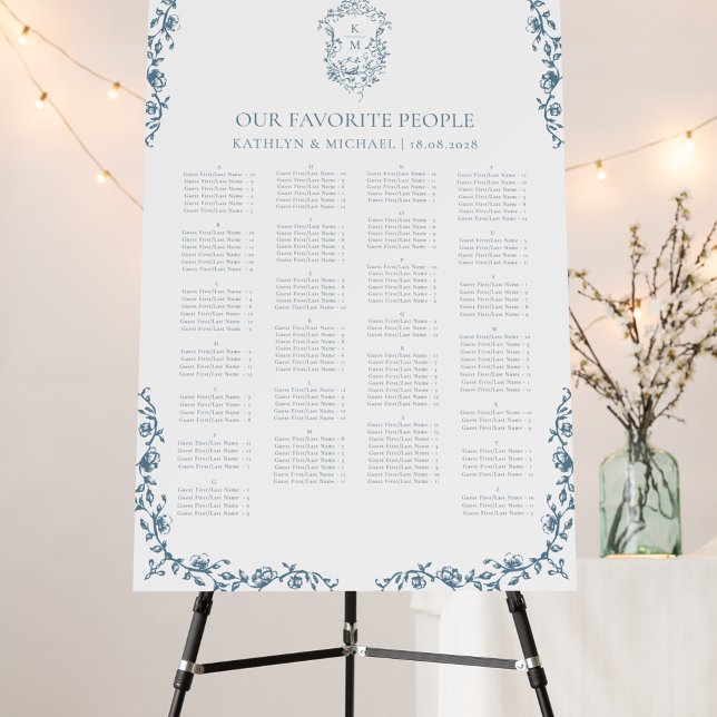 Blue Vintage Crest Wedding Alphabetical Seating Foam Board (Creator Uploaded)