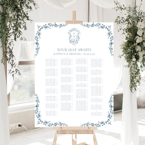 Blue Vintage Crest Wedding Alphabetical Seating Poster