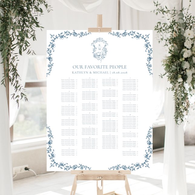 Blue Vintage Crest Wedding Alphabetical Seating Poster (Creator Uploaded)