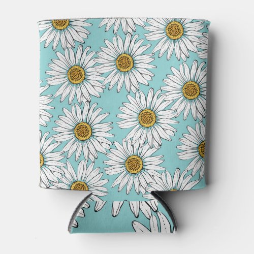 Blue Vintage Daisy Floral Pattern Can Cooler