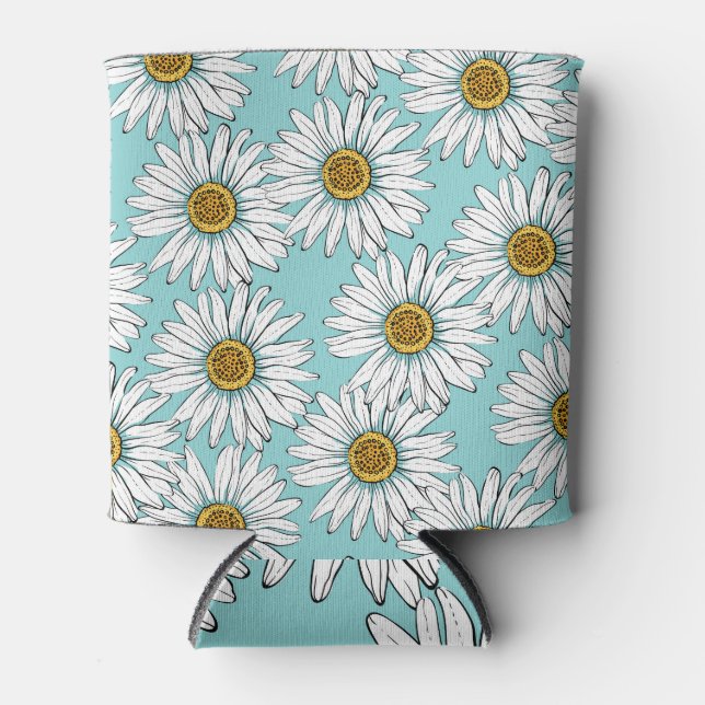 Blue Vintage Daisy Floral Pattern Can Cooler (Front)