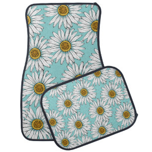 Blue Vintage Daisy Floral Pattern Car Floor Mat