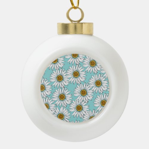 Blue Vintage Daisy Floral Pattern Ceramic Ball Christmas Ornament