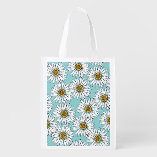 Blue Vintage Daisy Floral Pattern Grocery Bag