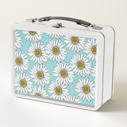 Blue Vintage Daisy Floral Pattern Metal Lunch Box