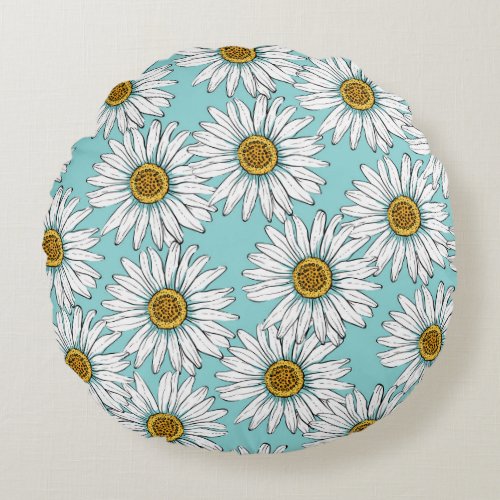 Blue Vintage Daisy Floral Pattern Round Pillow