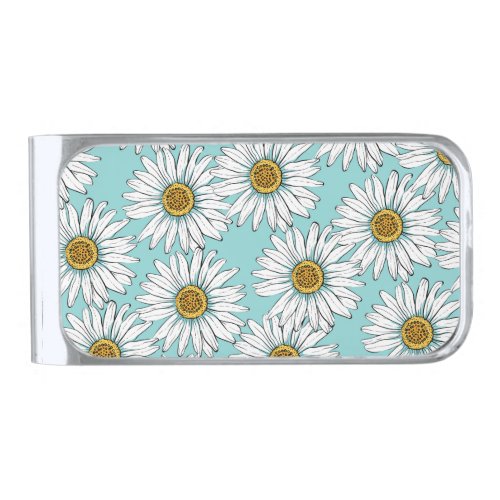 Blue Vintage Daisy Floral Pattern Silver Finish Money Clip