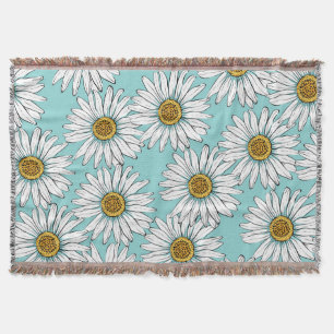 Blue Vintage Daisy Floral Pattern Throw Blanket