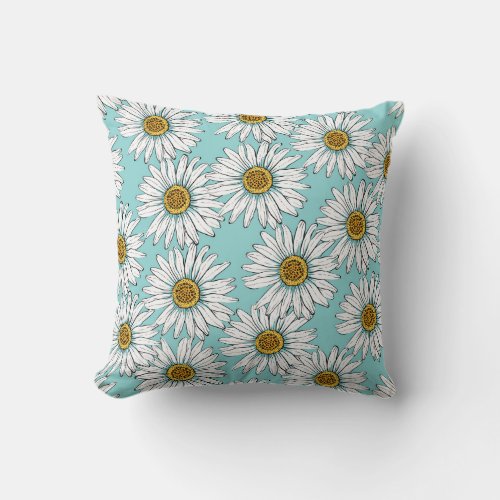 Blue Vintage Daisy Floral Pattern Throw Pillow