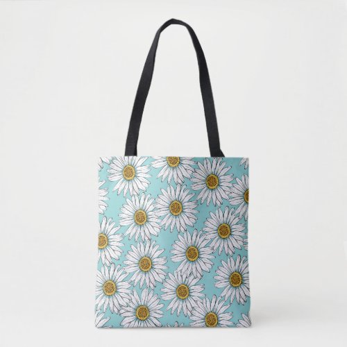 Blue Vintage Daisy Floral Pattern Tote Bag