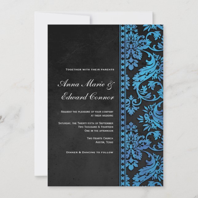 Blue Vintage Damask Lace Wedding Invitation (Front)