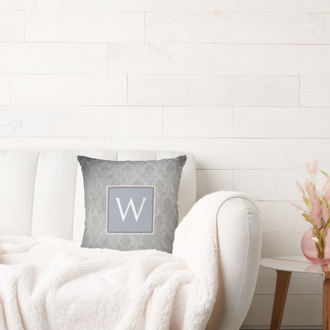 Blue Vintage Damask Monogram Throw Pillow (Couch)