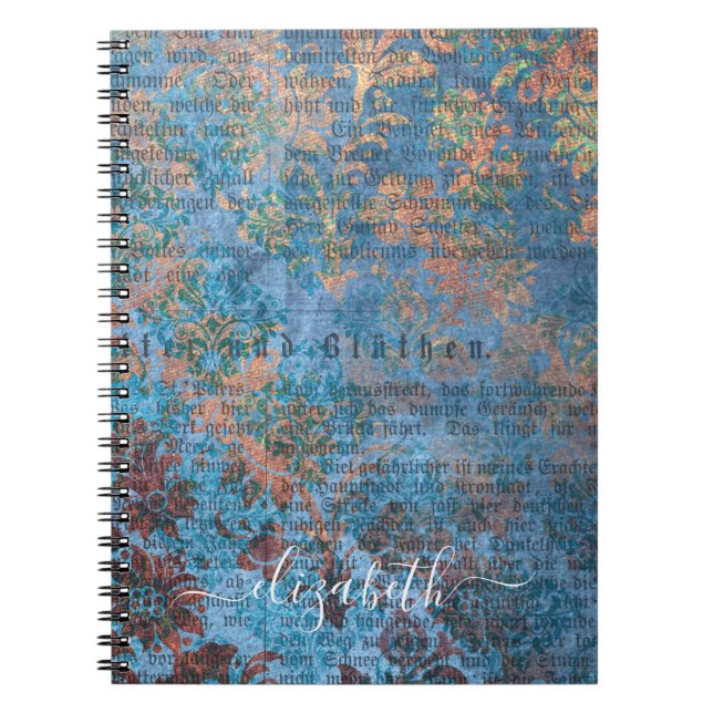 Blue vintage damask pattern script monogram notebook (Front)