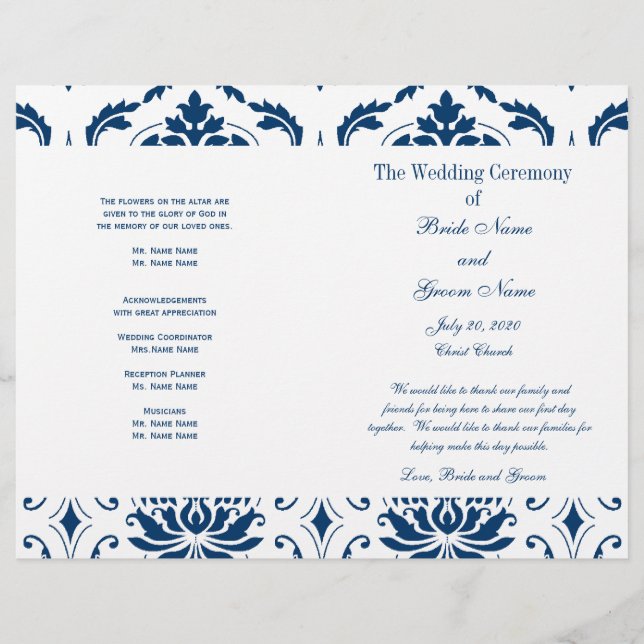 Blue Vintage Damask Wedding Program (Front)