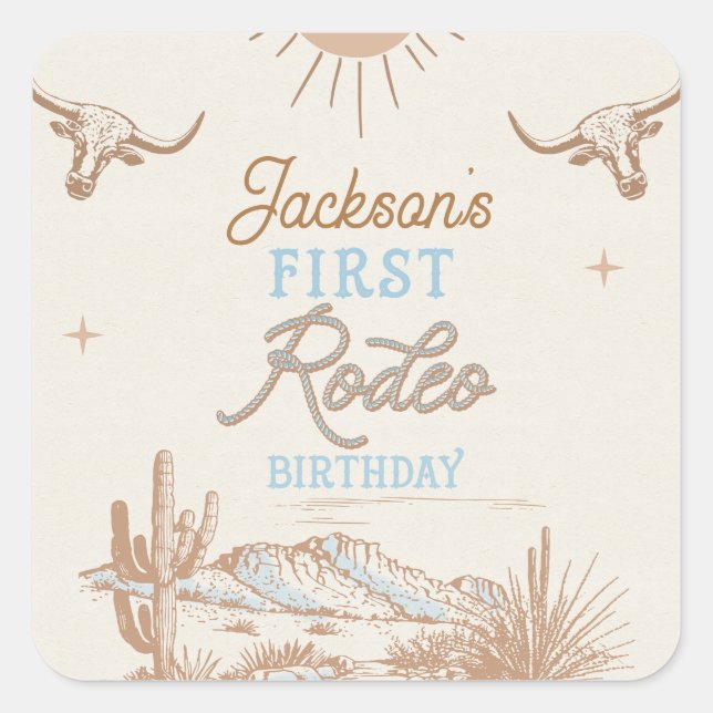 Blue Vintage Desert First Rodeo 1st Birthday  Square Sticker (Front)