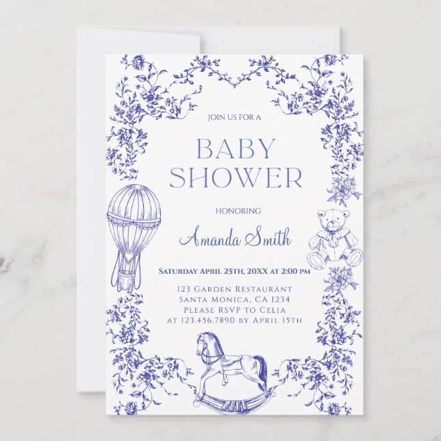 Blue Vintage Elegant Floral Baby Shower Invitation (Front)
