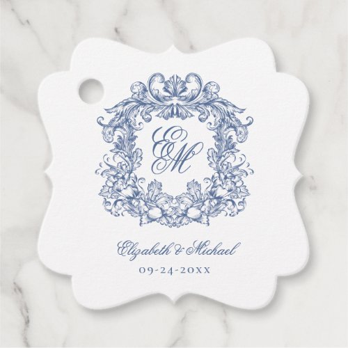 Blue Vintage Elegant Script Monogram Crest Wedding Favor Tags