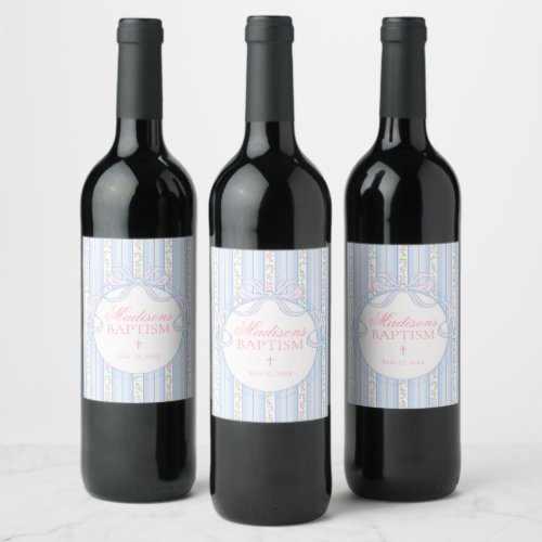 Blue Vintage Fancy Floral Baptism Favors Wine Label