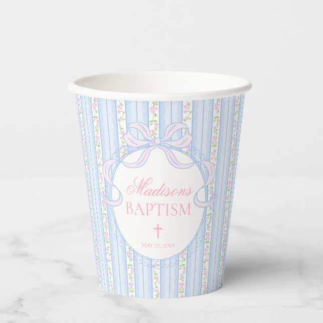 Blue Vintage Fancy Floral Baptism Paper Cups (Front)