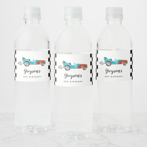 Blue Vintage Fast Car Kids Birthday Party Water Bottle Label