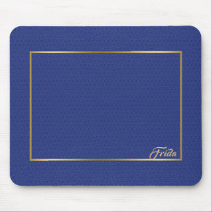 Blue Vintage Faux Leather Gold Border Frame Mouse Pad
