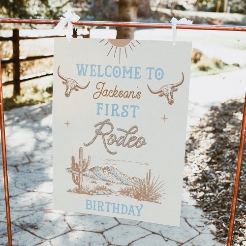 Blue Vintage First Rodeo 1st Birthday Welcome Sign