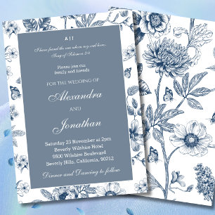 Blue Vintage Floral Bible Verse Christian Wedding Invitation