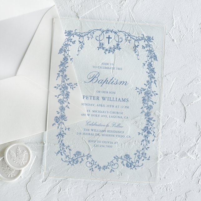 Blue Vintage Floral Boy Baptism Christening Acrylic Invitations (Creator Uploaded)
