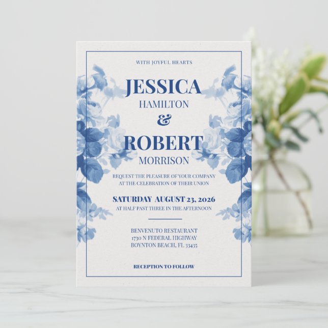 Blue Vintage Floral Chinoiserie Inspired Wedding Invitation (Standing Front)