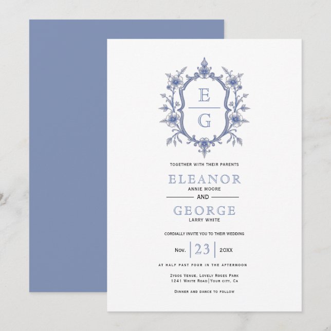 Blue vintage floral crest initials wedding invitation (Front/Back)