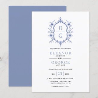 Blue vintage floral crest initials wedding invitation