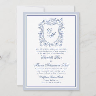 Blue Vintage Floral Crest Wedding Invitation