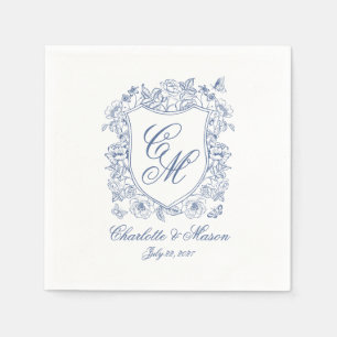 Blue Vintage Floral Crest Wedding Monogram Napkin