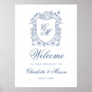 Blue Vintage Floral Crest Wedding Monogram Welcome Poster