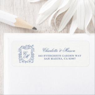 Blue Vintage Floral Crest Wedding Return Address Label
