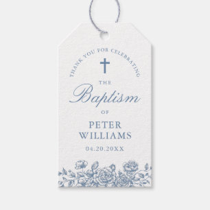 Blue Vintage Floral Cross Baptism Thank You Favor  Gift Tags