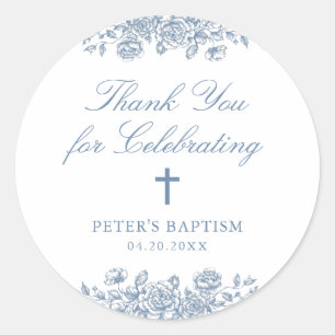 Blue Vintage Floral Cross Baptism Thank You Gift Classic Round Sticker