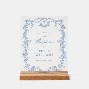 Blue Vintage Floral Cross Baptism Welcome  Acrylic Sign